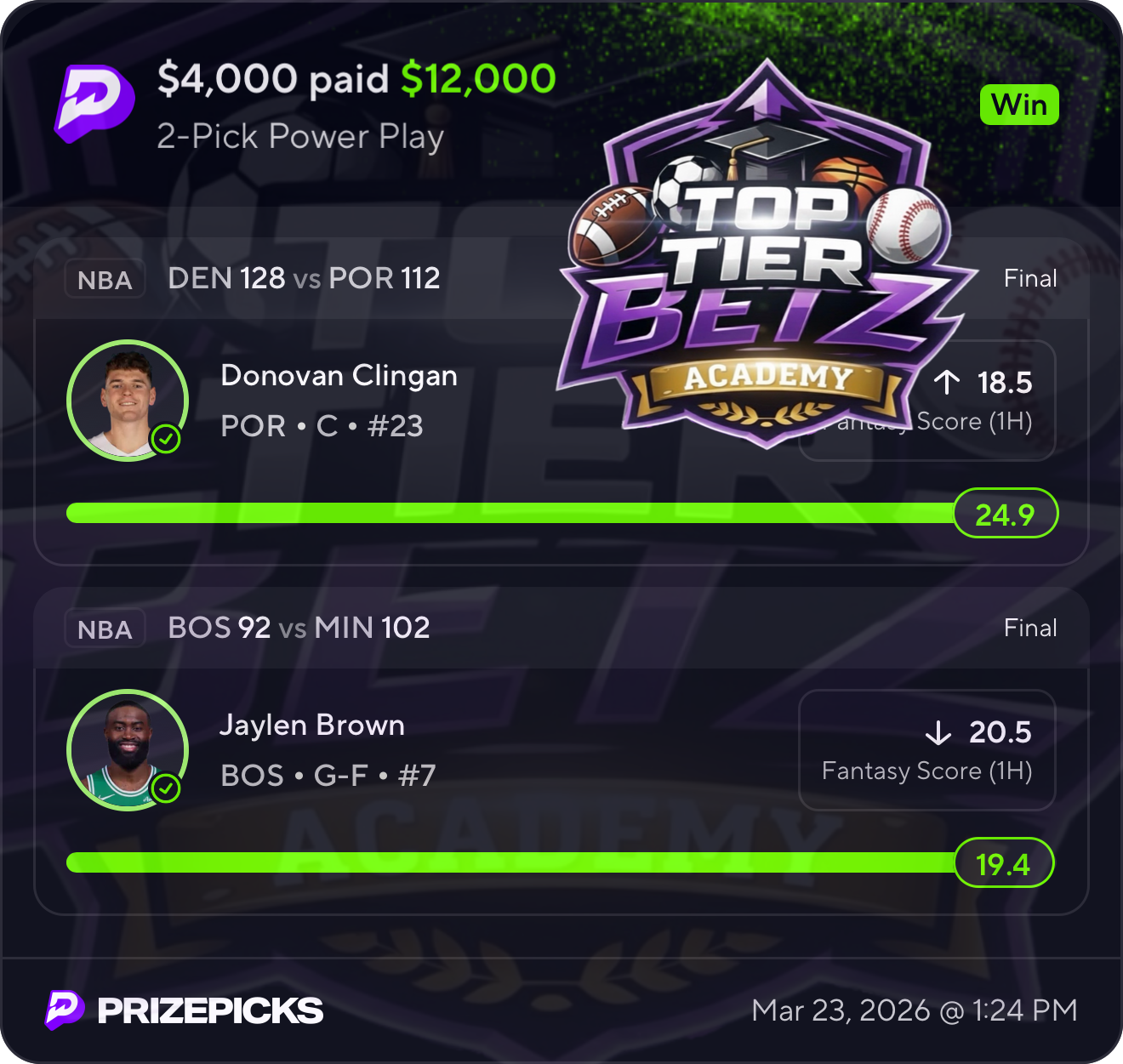 2-Pick Power Play winning slip